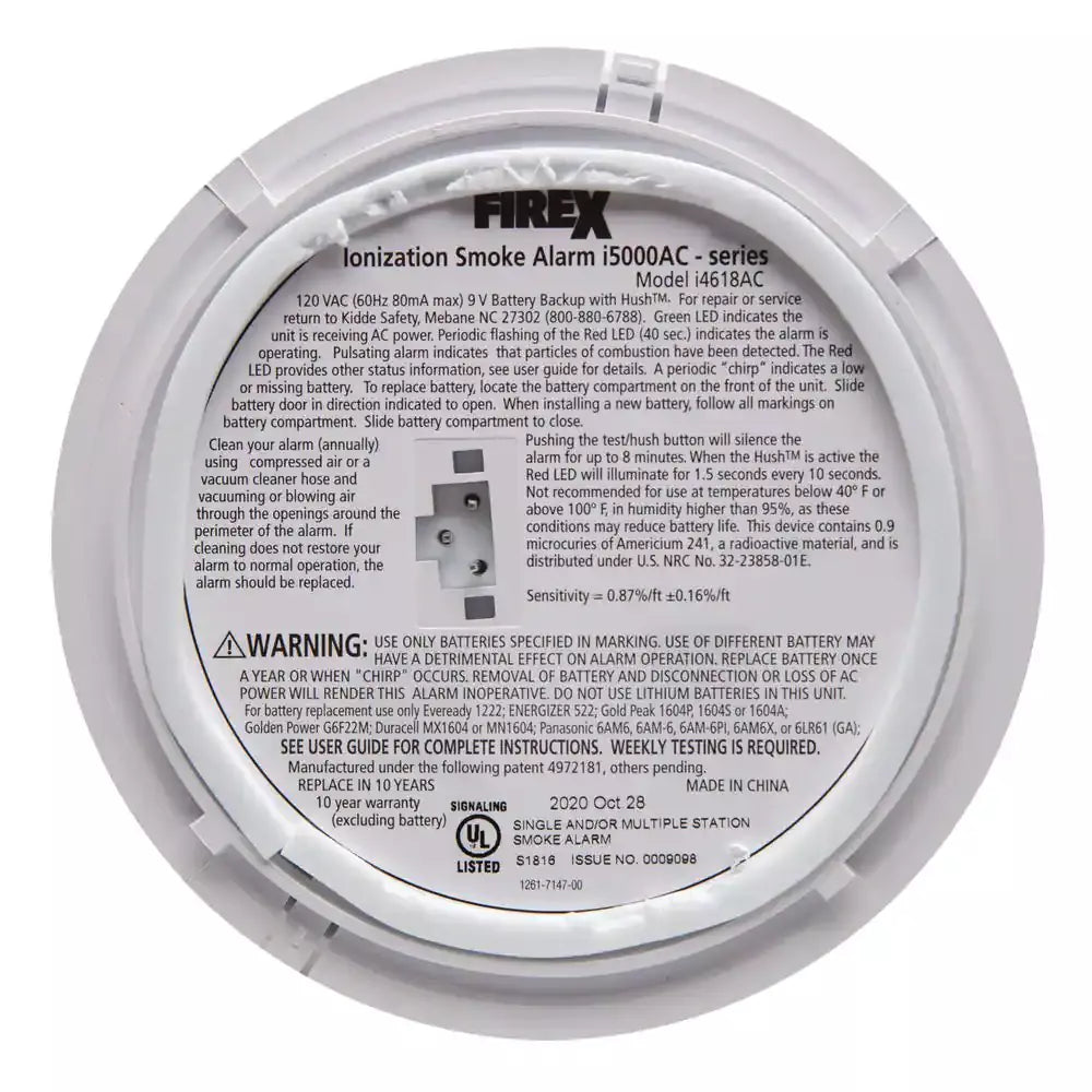 Hardwired Smoke Alarm with Ionization Sensor, 120V AC, 9V Battery Backup