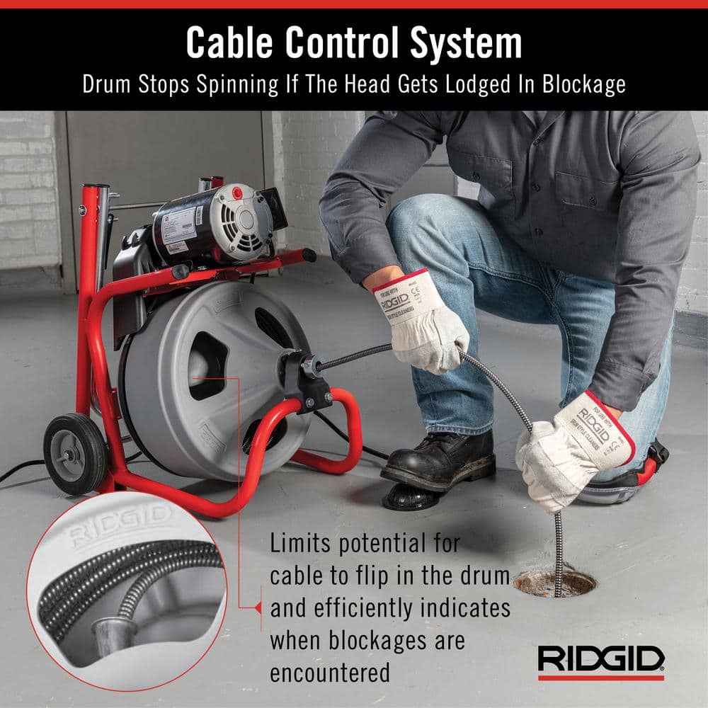 120V Drum Drain Cleaning Snake Auger with 3/8-In. x 75-Ft. Cable, 4-Piece Tool Set and Gloves