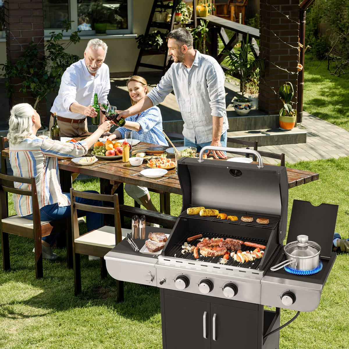 4-Burner Propane Gas Grill with Cast Iron Grates, Side Stove and 44,000 BTU Stainless Steel Burners