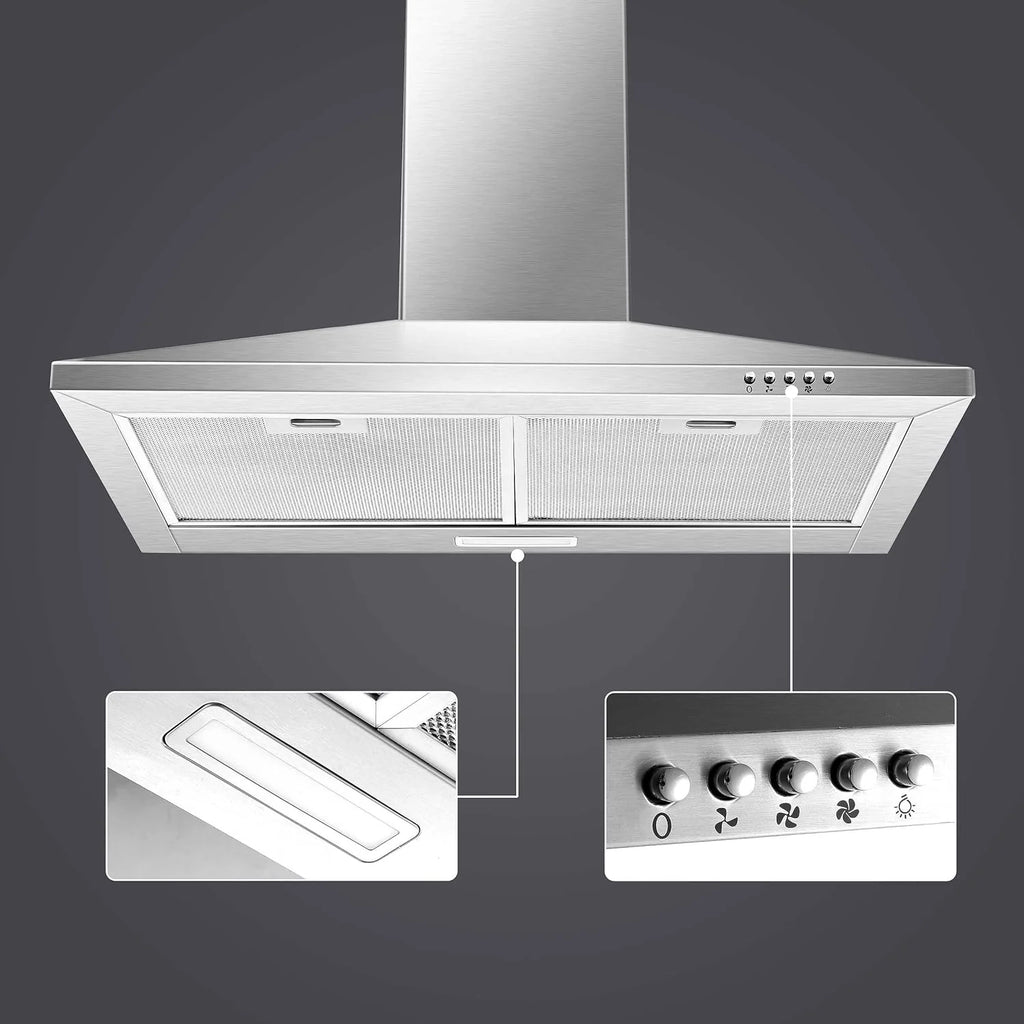 30 Inch Wall Mount Stainless Steel Range Hood, Modern Kitchen Exhaust Vent Hood with LED Light