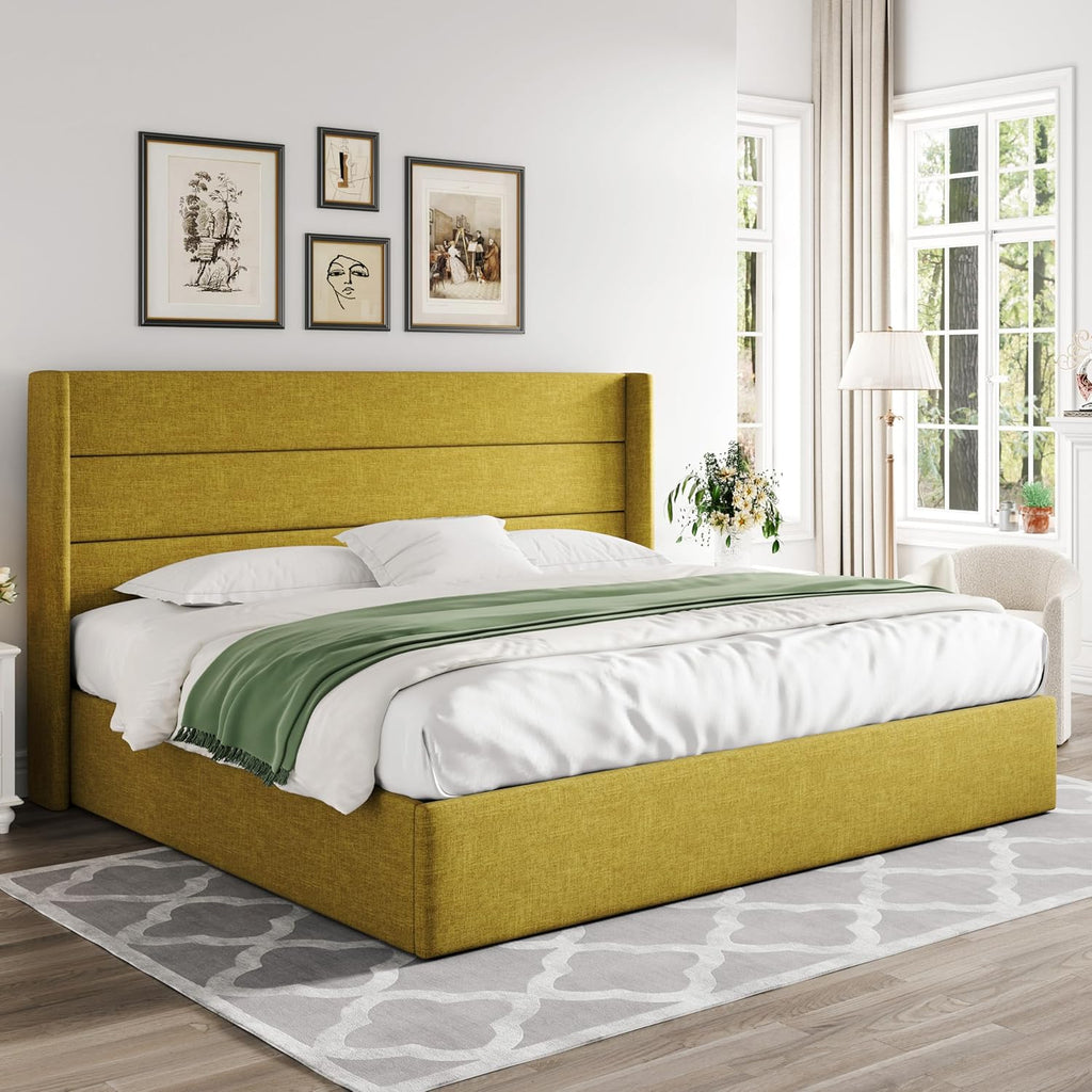 Queen Size Lift Up Storage Bed with Wingback Headboard, Upholstered Platform Bed Frame with Hidden Storage