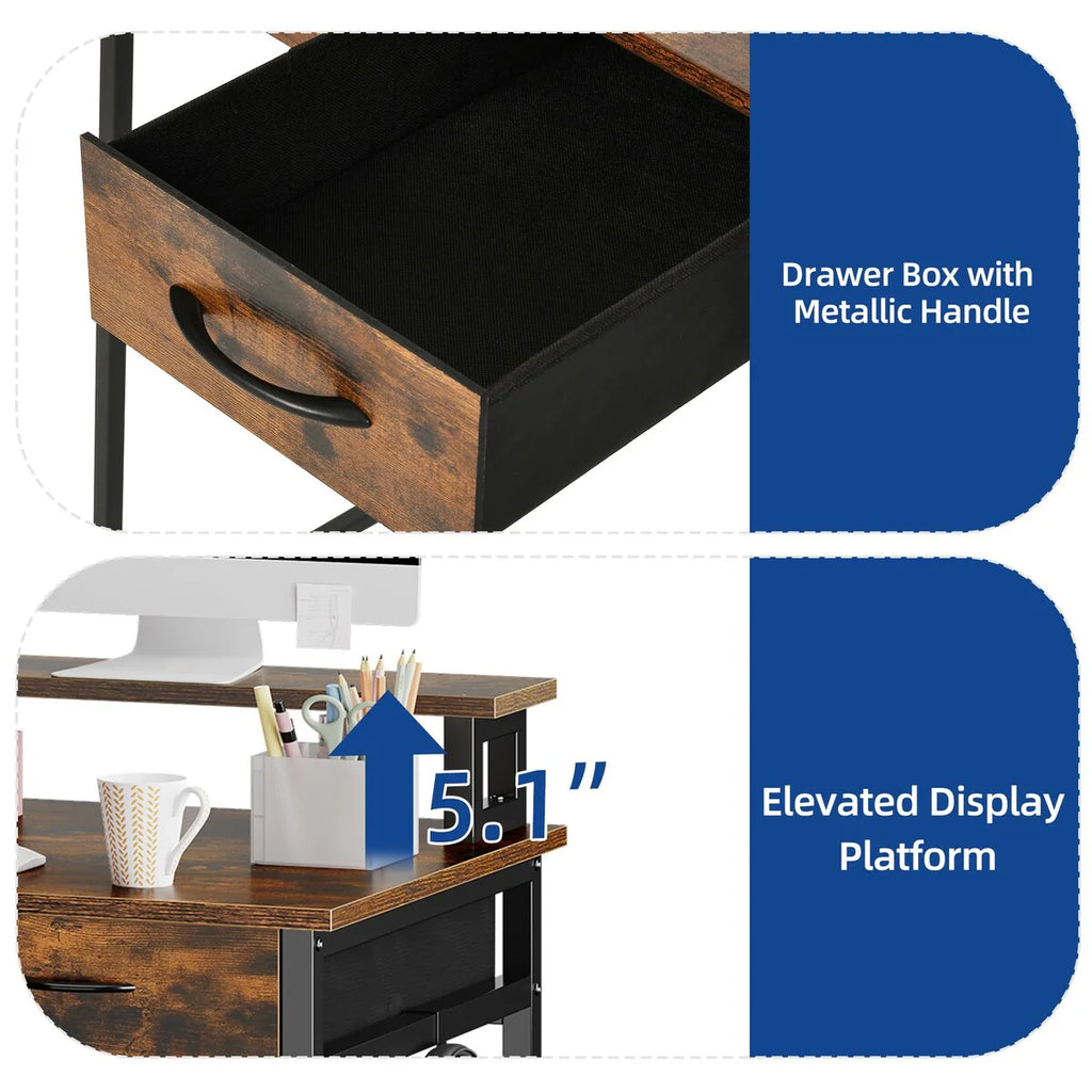 Small Computer Desk with Fabric Drawers and Monitor Stand, Compact Home Office Workstation for Small Spaces