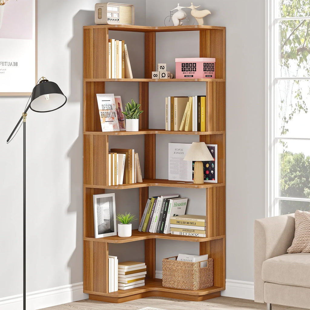64.9 Inch Tall 6-Tier Corner Bookshelf, Freestanding Wood Industrial Bookcase
