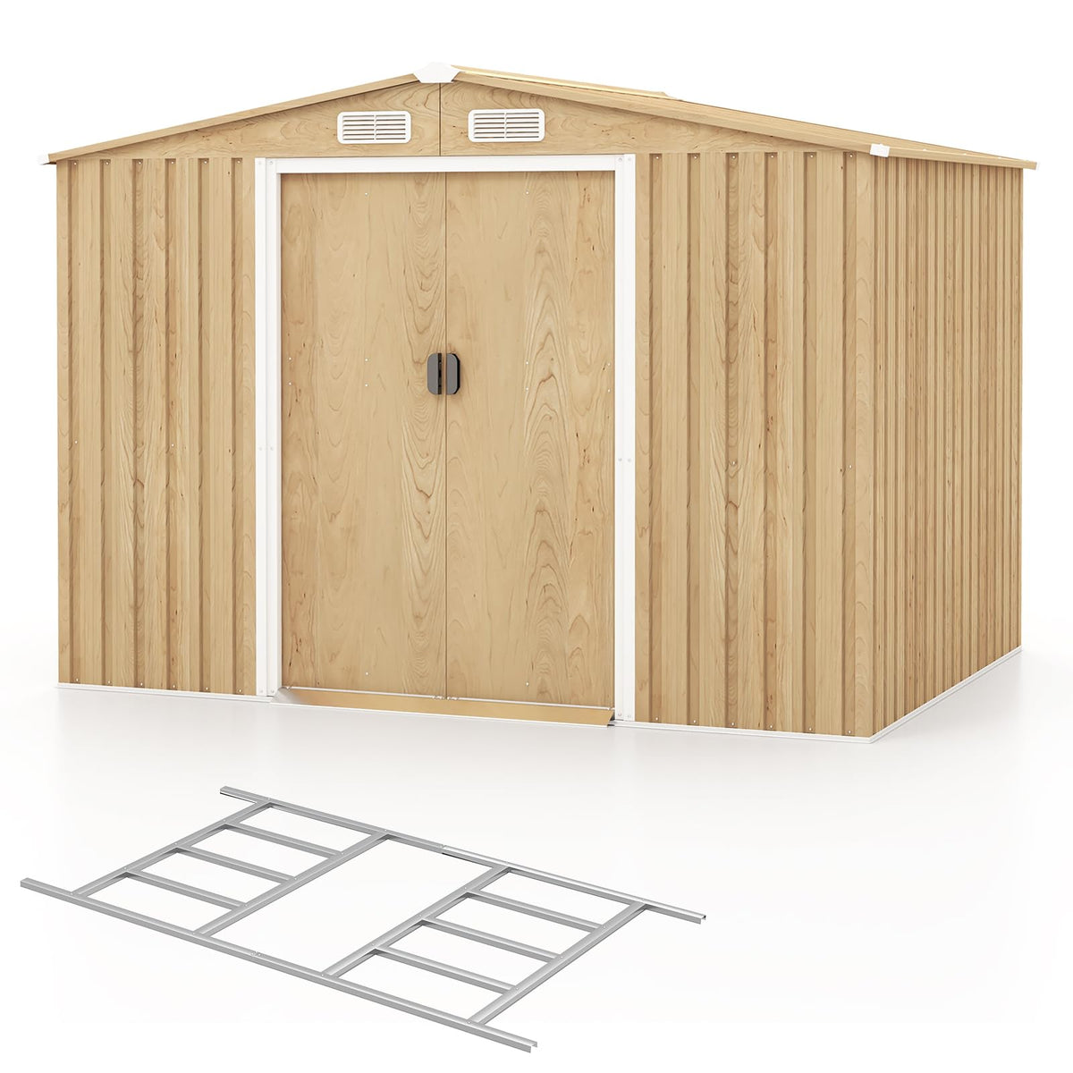 8' x 6' Metal Storage Shed – Woodgrain Outdoor Tool House with Base Floor & 4 Vents