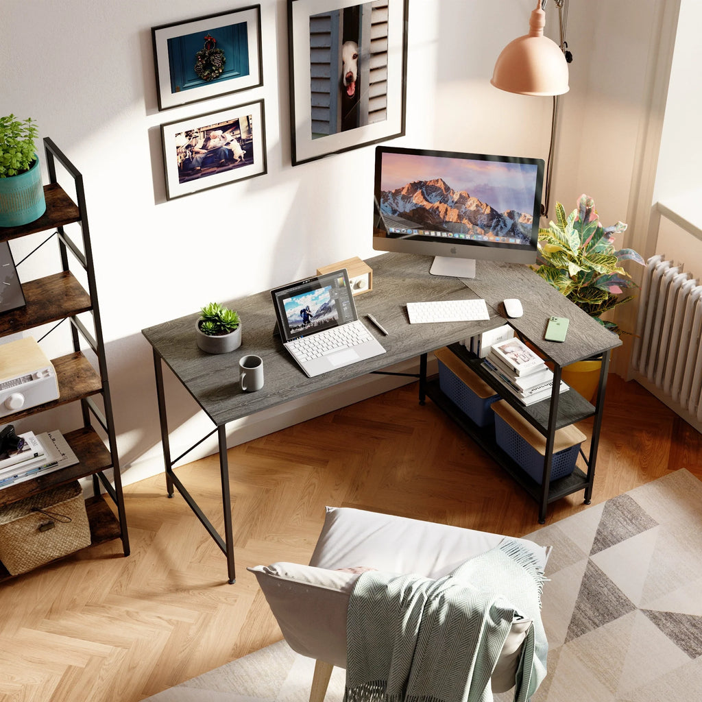 Small L Shaped Computer Desk with Storage Shelves, Compact Corner Workstation for Home Office and Study