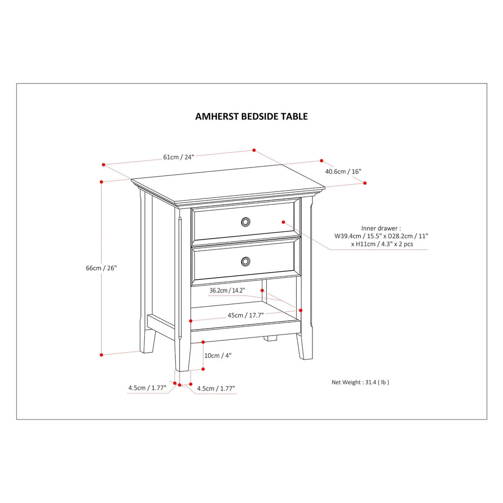 24 Inch Wide Solid Wood Nightstand, Bedside Table and Bedroom End Table