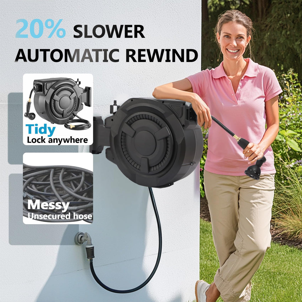 100 ft Wall Mounted Garden Hose Reel, 1/2 Inch Hose with 180° Swivel