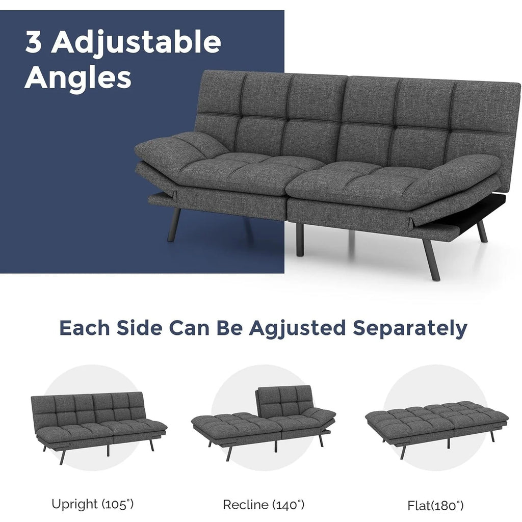 Convertible Futon Sofa Bed with Memory Foam, Foldable Loveseat Sleeper with Adjustable Armrests