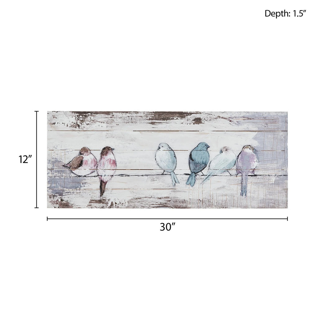 Hand Painted Perched Birds Wood Plank Wall Decor, White and Grey Decorative Wall Art