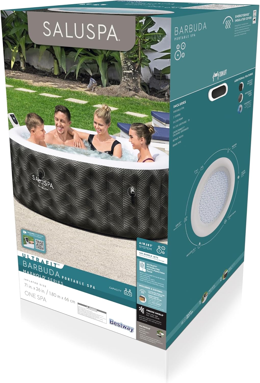71 x 26-Inch Inflatable Hot Tub Spa for 2-4 Persons, Portable, with 2 Covers, Black