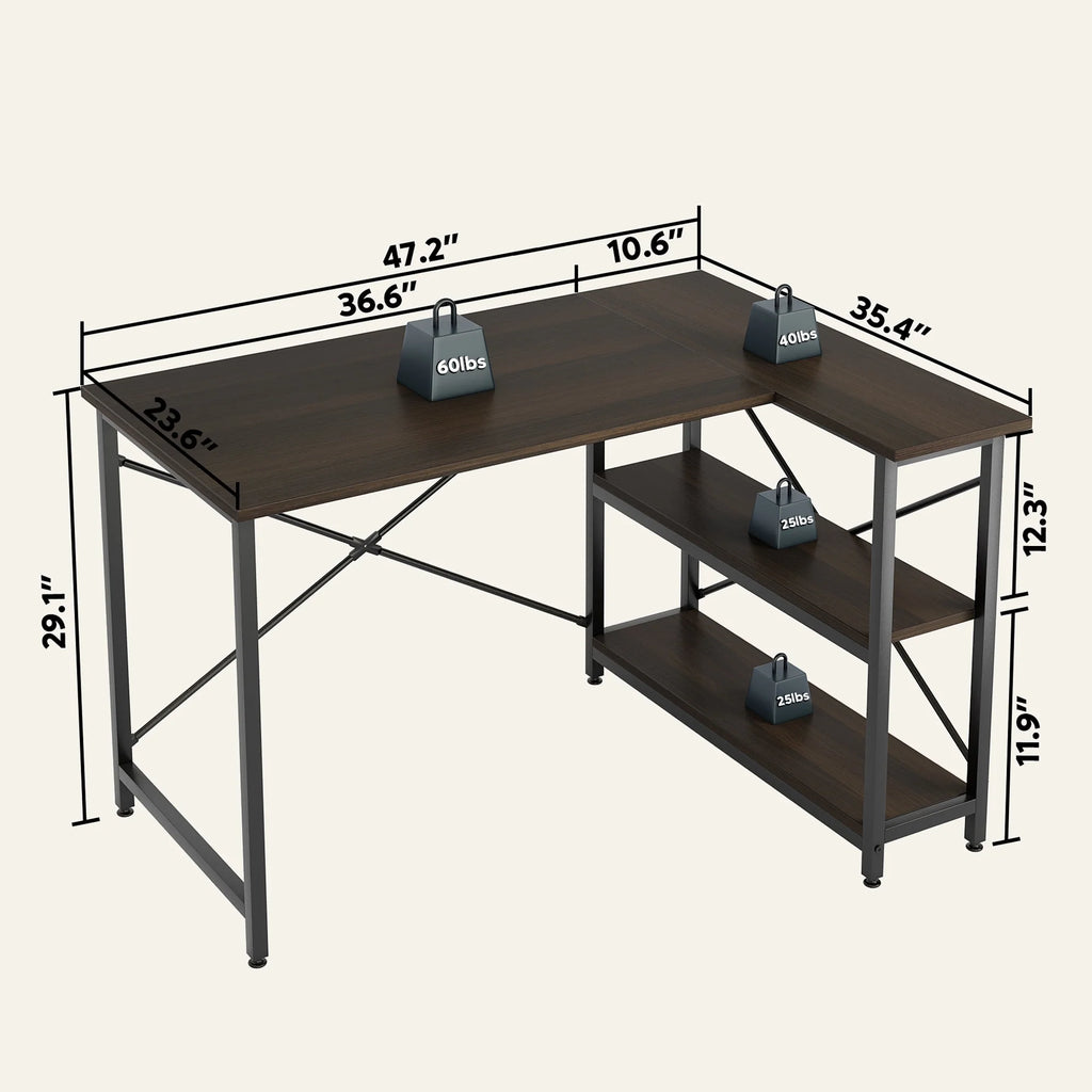 Small L Shaped Computer Desk with Storage Shelves, Compact Corner Workstation for Home Office and Study