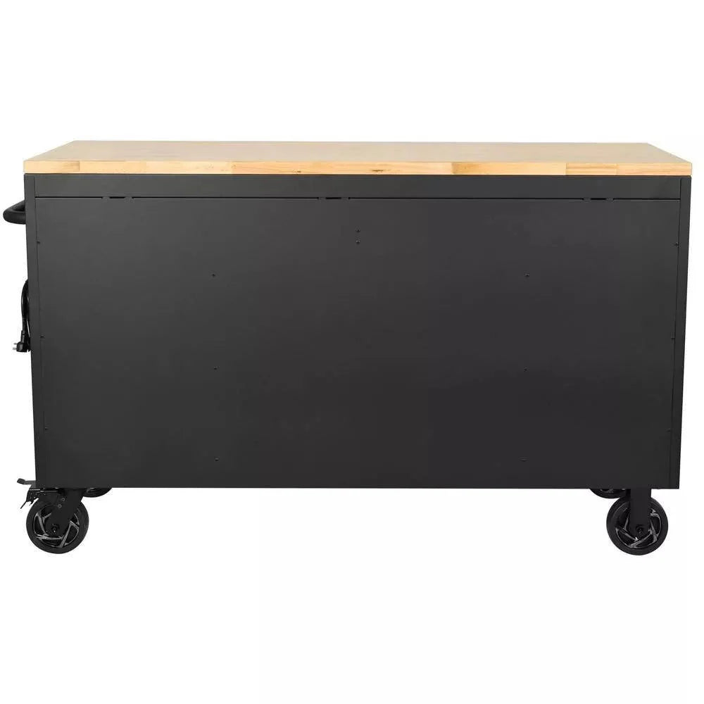 61-Inch W x 23-Inch D 15-Drawer Mobile Workbench with Solid Wood Top