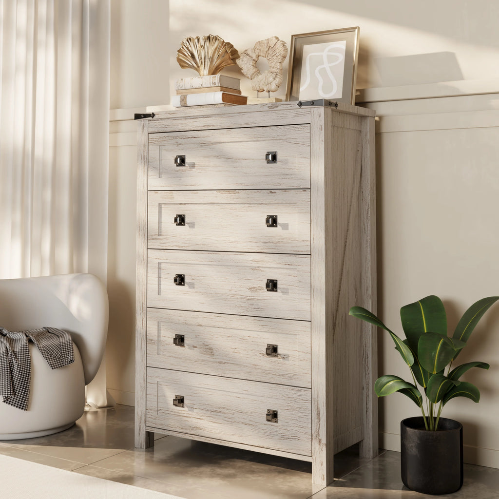 48 Inch Tall Farmhouse Wood Dresser, 5 Drawer Chest of Drawers for Bedroom