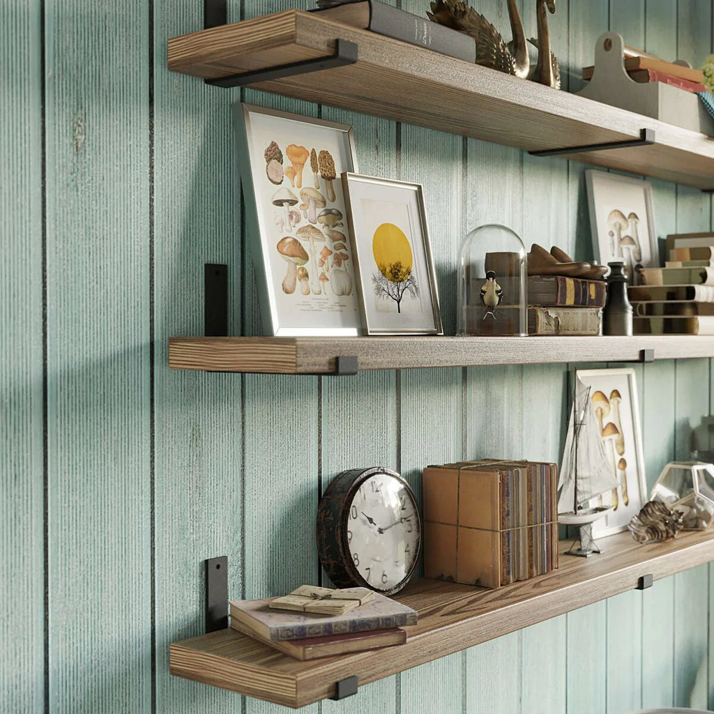 72 Inch Floating Wood Wall Shelves, Set of 3 Burnt Wood Display and Storage Shelves for Home Decor