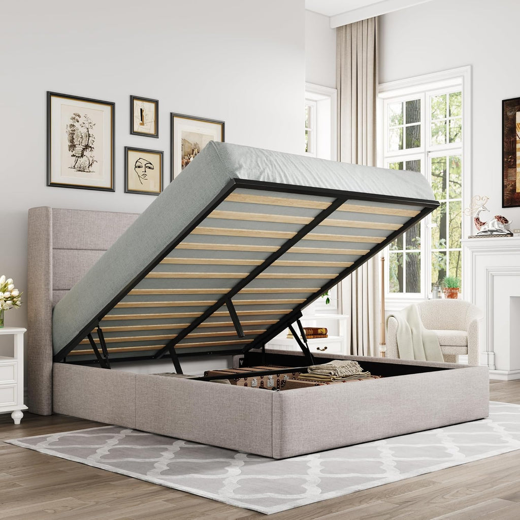 Queen Size Lift Up Storage Bed with Wingback Headboard, Upholstered Platform Bed Frame with Hidden Storage
