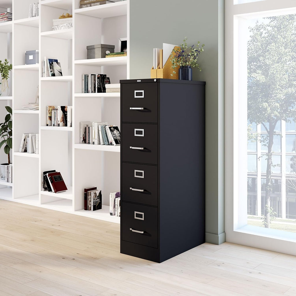 4-Drawer Lockable File Cabinet, Black, 25-Inch D x 15-Inch W