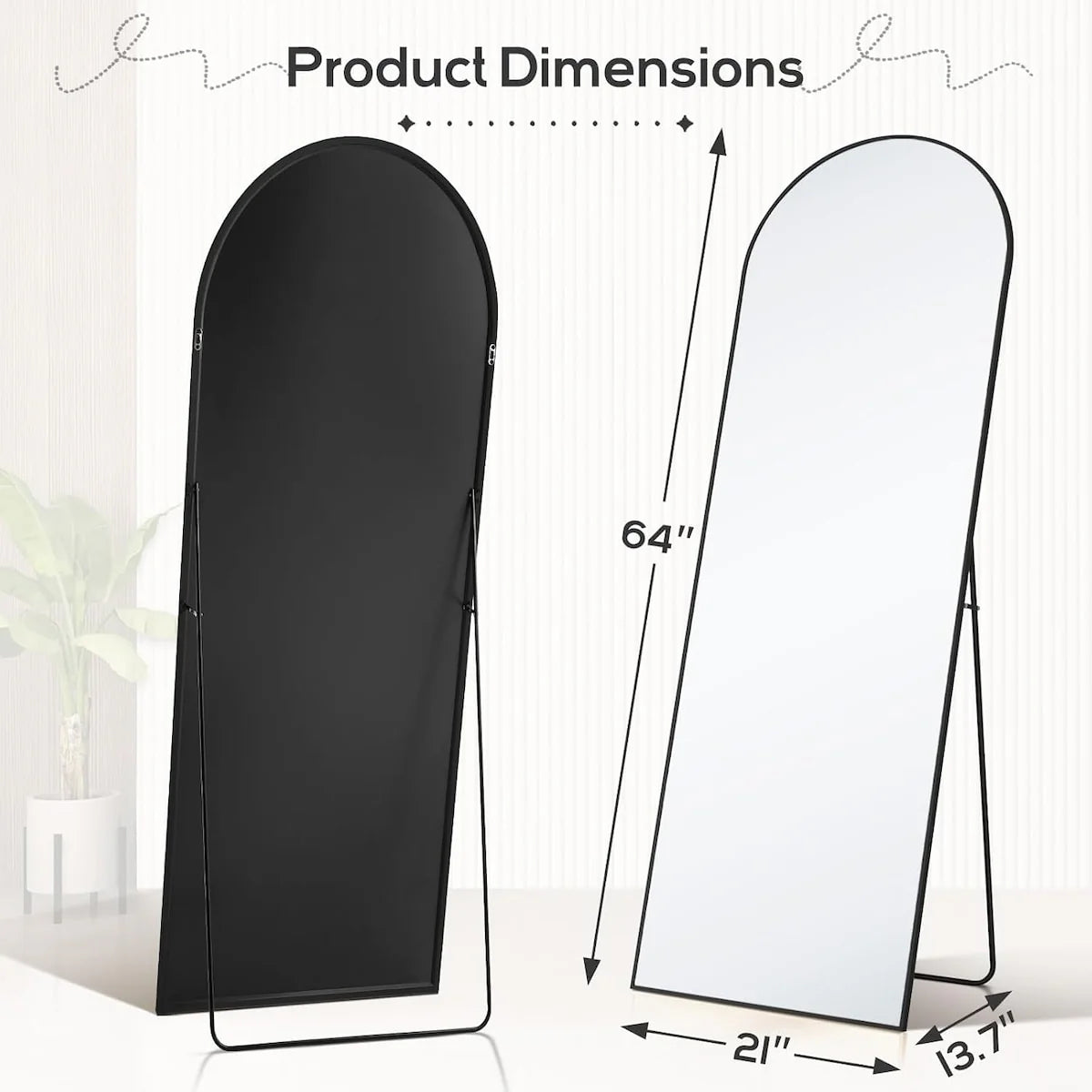 21x64 Arched Full-Length Mirror – Shatter-Proof Glass with Aluminum Alloy Stand