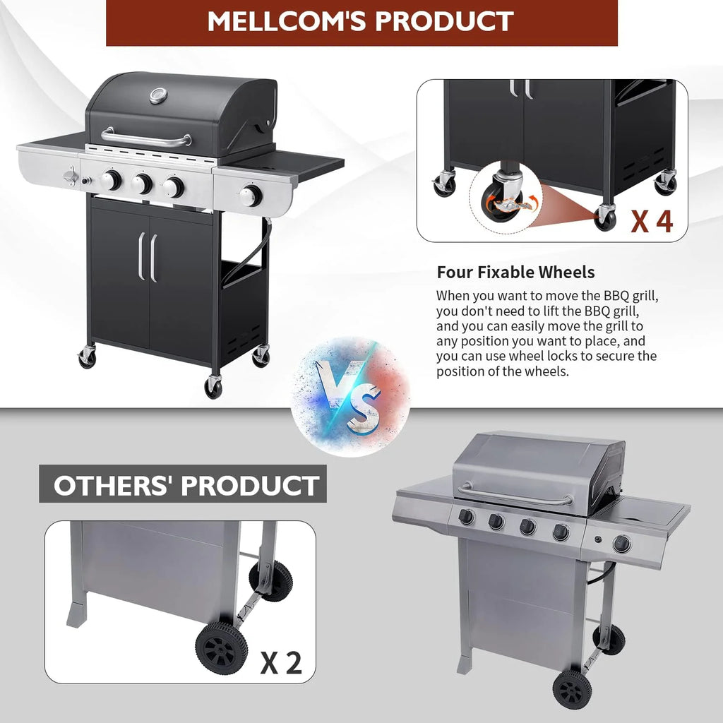 4-Burner Propane Gas Grill with Cast Iron Grates, Side Stove and 44,000 BTU Stainless Steel Burners