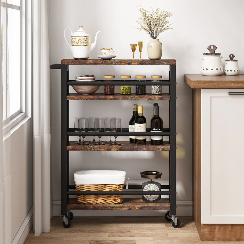 Brown 4-Tier Rolling Kitchen Storage Cart, Narrow Slim Utility Trolley with Wheels and Handle