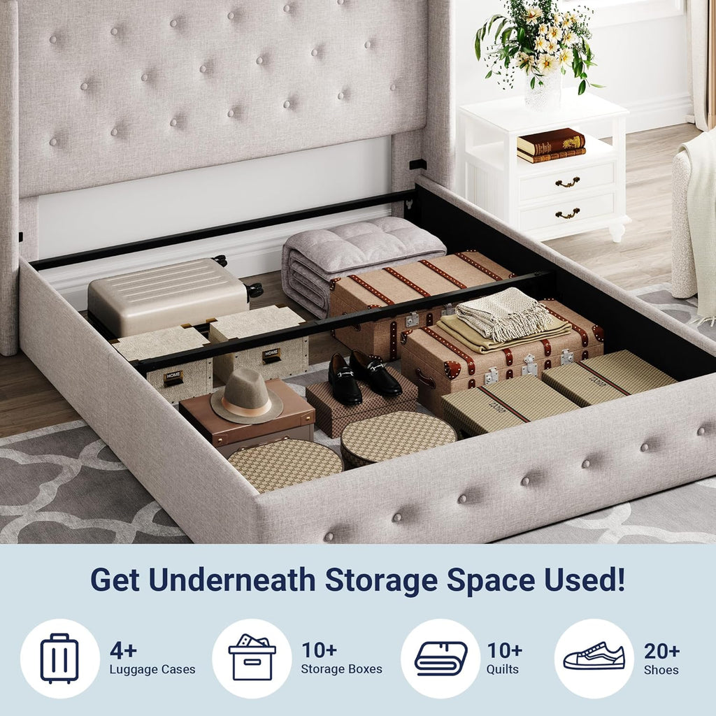 Queen Size Lift Up Storage Bed with Wingback Headboard, Upholstered Platform Bed Frame with Hidden Storage