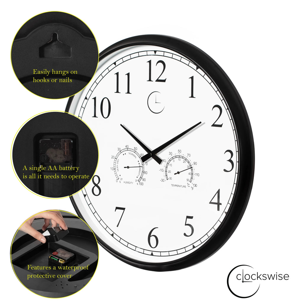 Large Outdoor Wall Clock with Thermometer, Waterproof Silent Garden Weather Station, Black