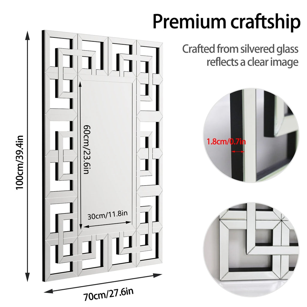 Large Silver Geometric Wall Mirror, Modern Decorative Accent Mirror for Living Room, Bedroom and Entryway