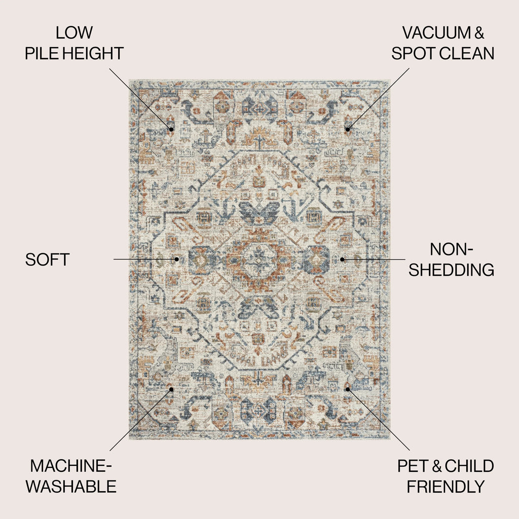 Bohemian Medallion Low-Pile Machine-Washable Area Rug, Cream and Terra