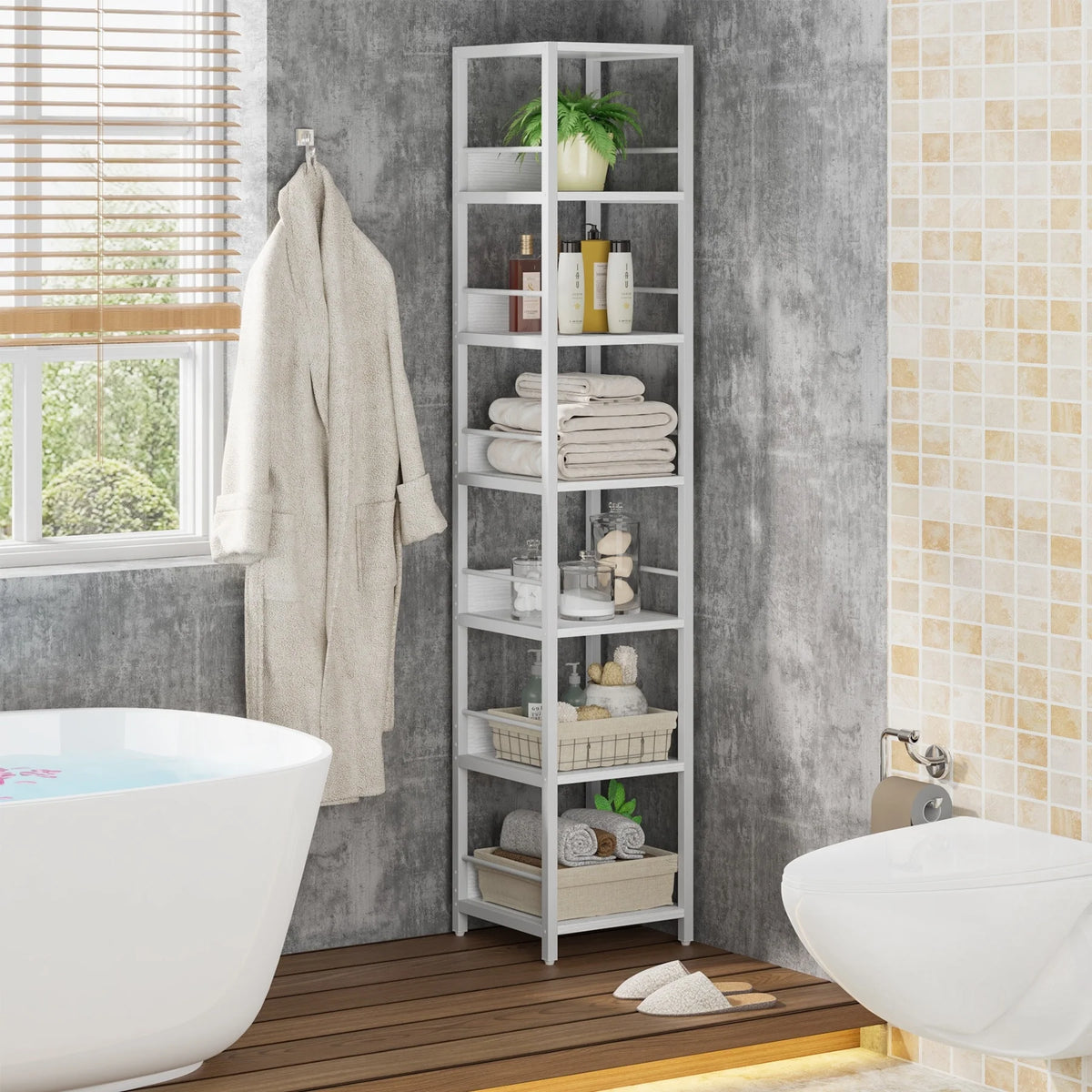 75 Inch Tall Narrow Corner Shelf, 6-Tier Etagere Storage Rack for Home and Office