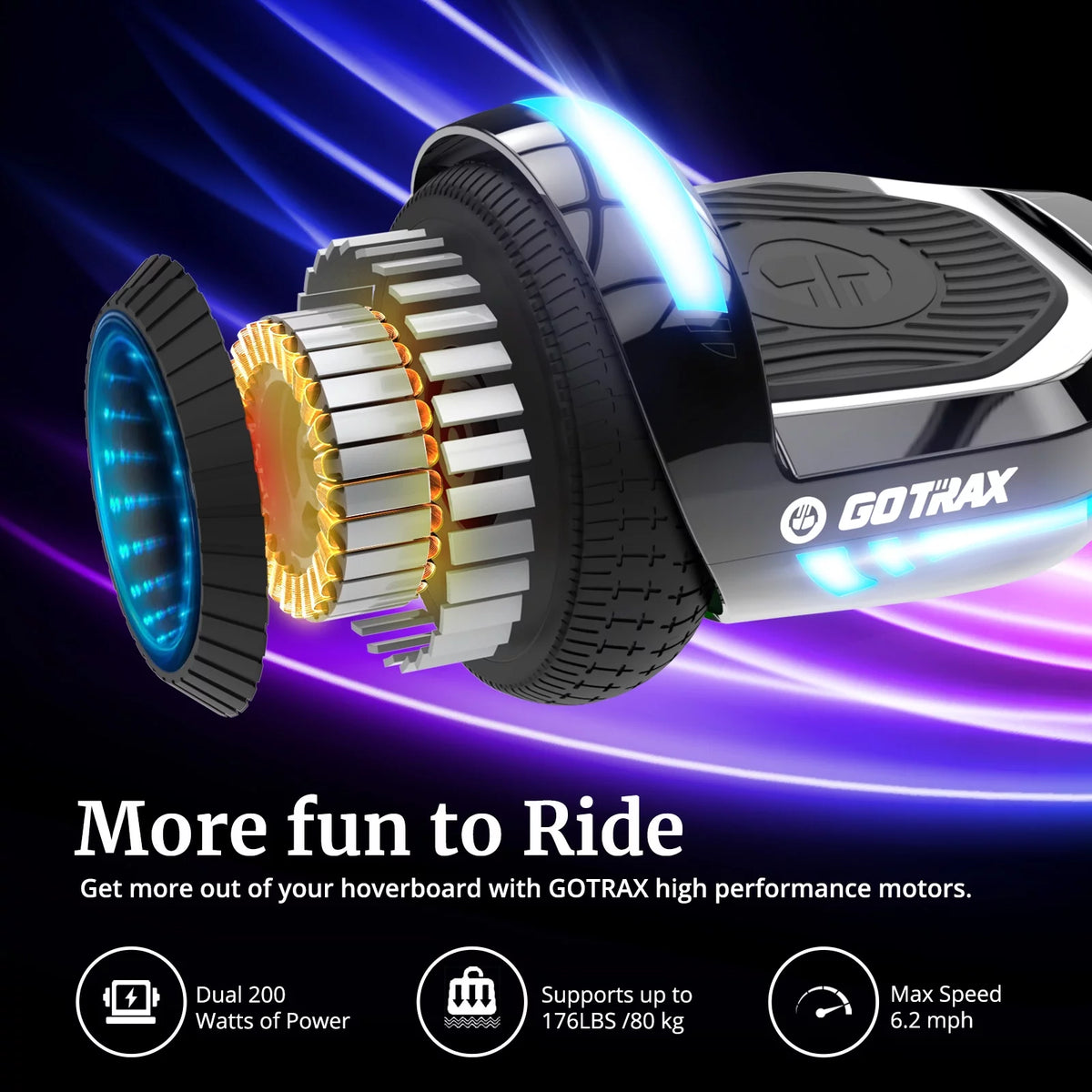 Bluetooth Self-Balancing Hoverboard, 6.5-Inch Wheels, 7-Color Lights, 44-176 Lb. Capacity, Silver