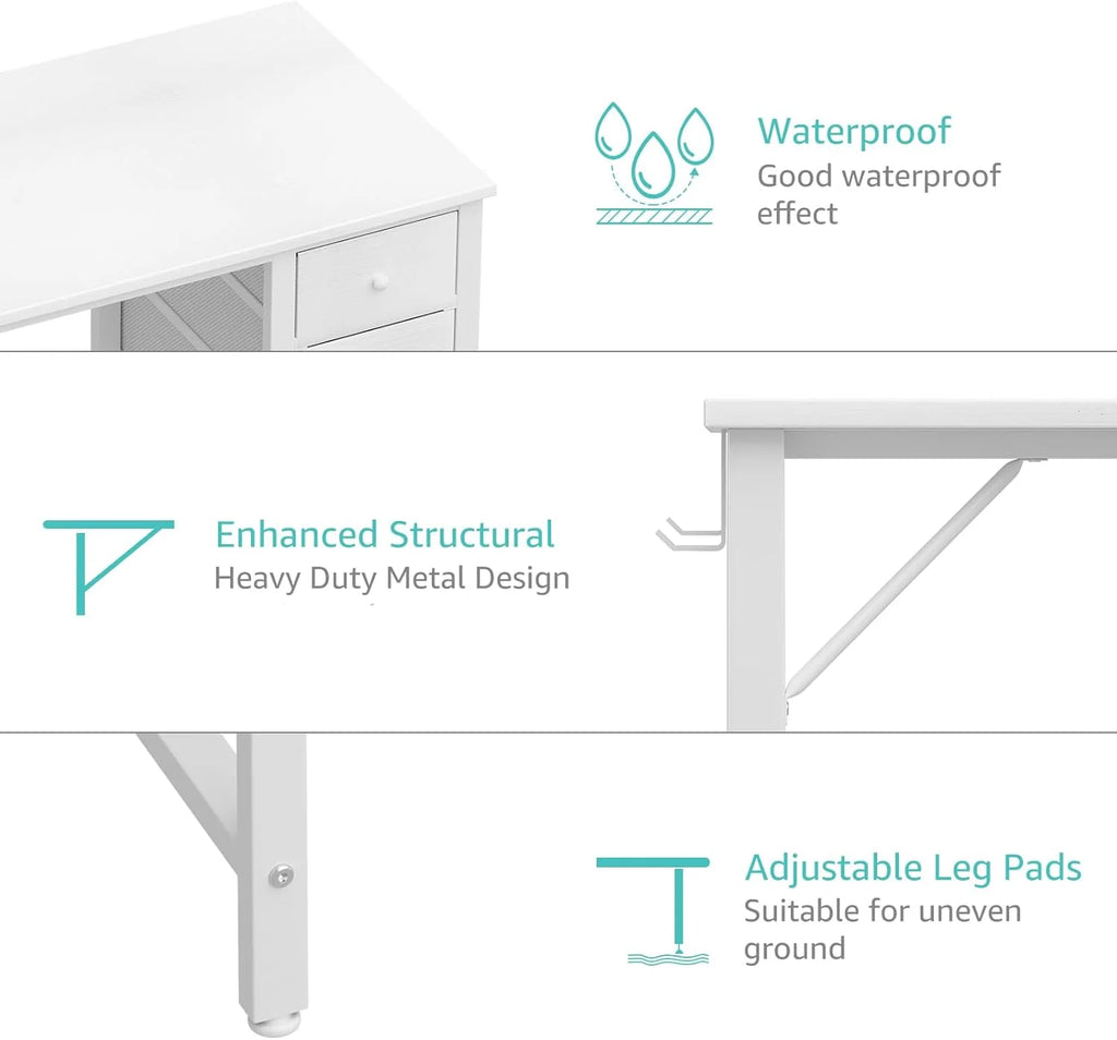 40 Inch Small White Desk with Fabric Drawers, Compact Computer Writing Desk for Home Office, Bedroom and Study