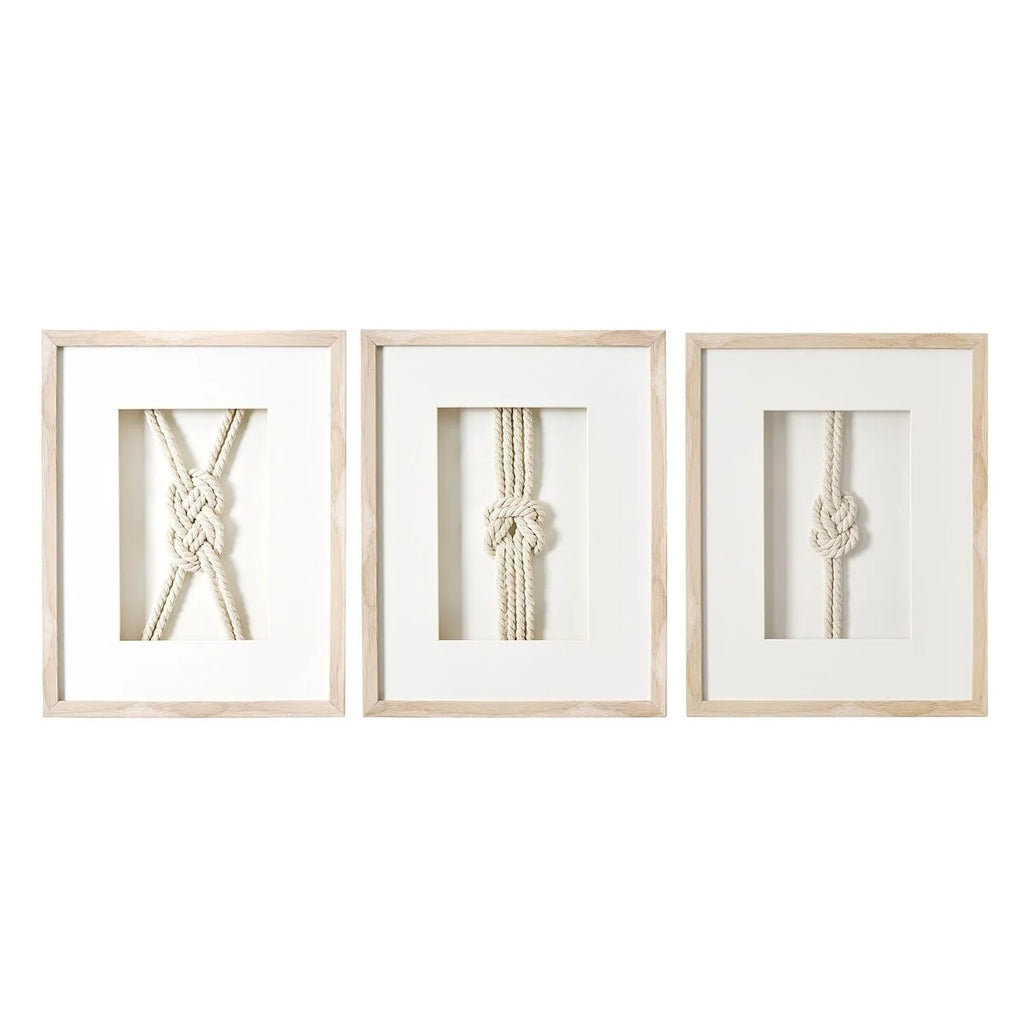 3-Piece Framed Nautical Knots Wall Decor Set, Natural Finish Coastal Wall Art