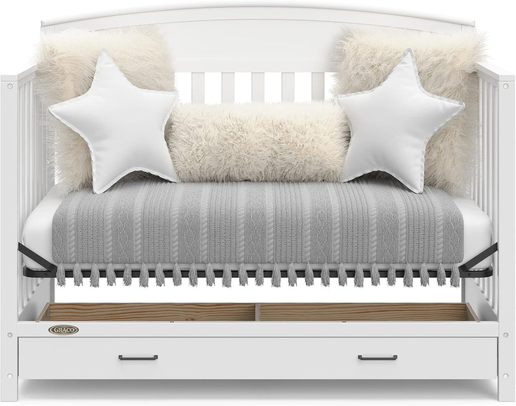 5-in-1 Convertible Baby Bed with Storage Drawers, White, Converts to Toddler Bed, Daybed and Full-Size Bed