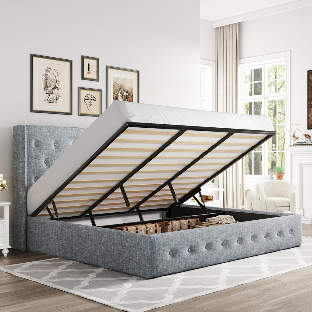 Queen Size Lift Up Storage Bed with Wingback Headboard, Upholstered Platform Bed Frame with Hidden Storage
