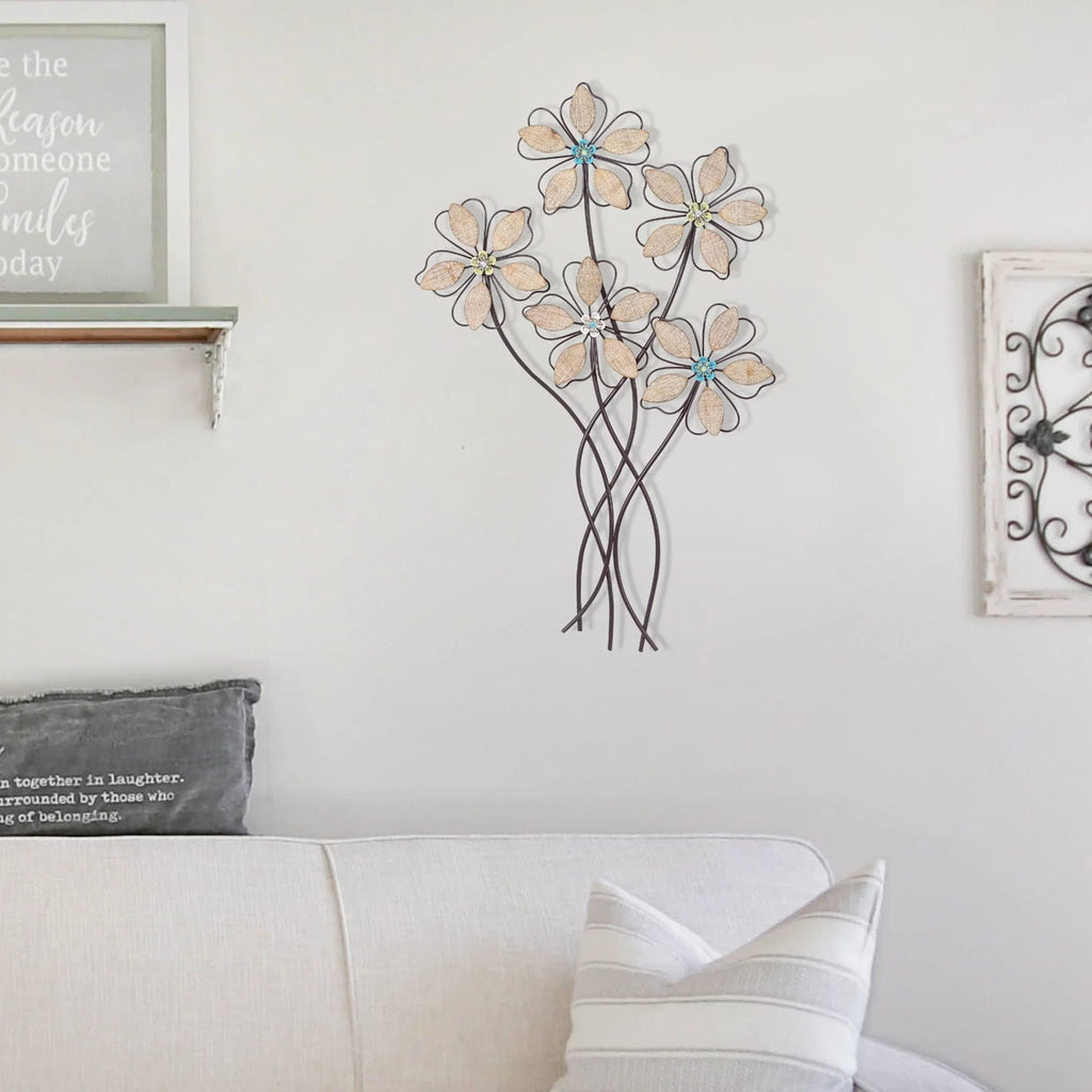 Metal Wall Decor with 5 Flowers, Decorative Floral Wall Hanging Sculpture for Living Room, Bedroom and Home Decoration