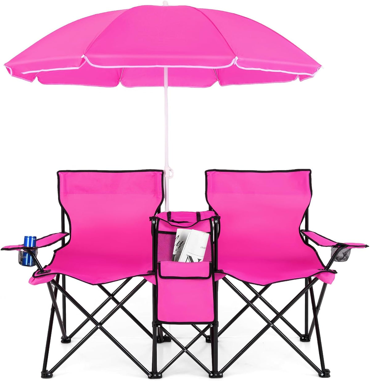 Double Folding Picnic Chairs with Umbrella – Mini Table & Beverage Holder Included