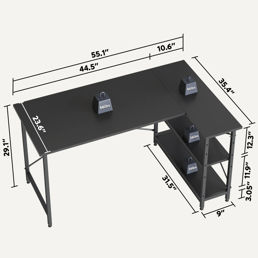 Small L Shaped Computer Desk with Storage Shelves, Compact Corner Workstation for Home Office and Study