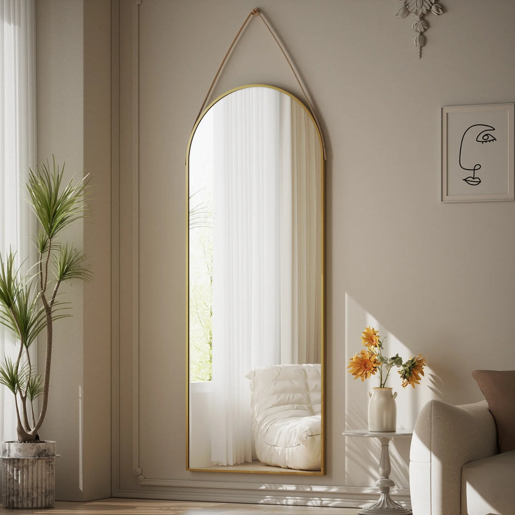 48 x 16 Inch Full Length Wall Mirror with Leather Strap, Hanging Full Body Mirror for Bedroom, Entryway and Home Decor