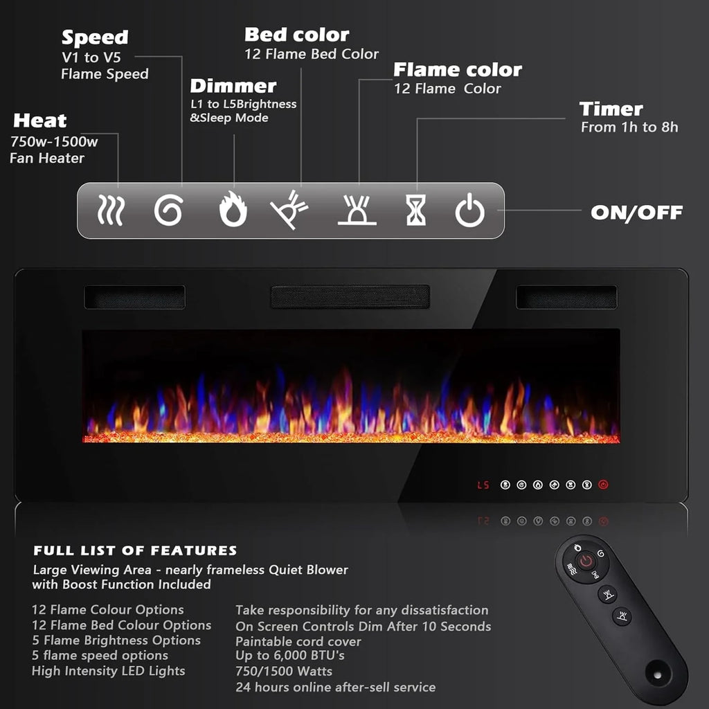 30-72 Inch Ultra-Thin Electric Fireplace, Linear Recessed Wall Mounted Fireplace with Remote Control