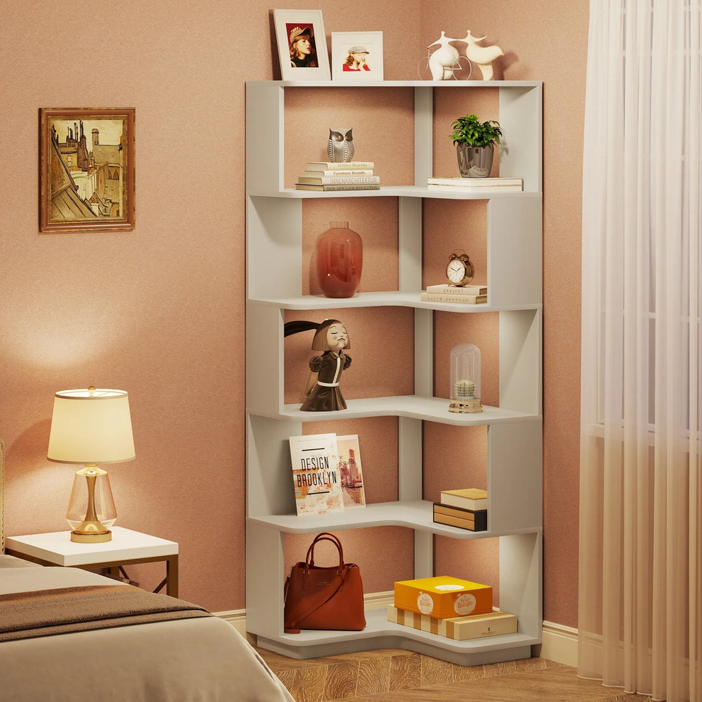 64.9 Inch Tall 6-Tier Corner Bookshelf, Freestanding Wood Industrial Bookcase