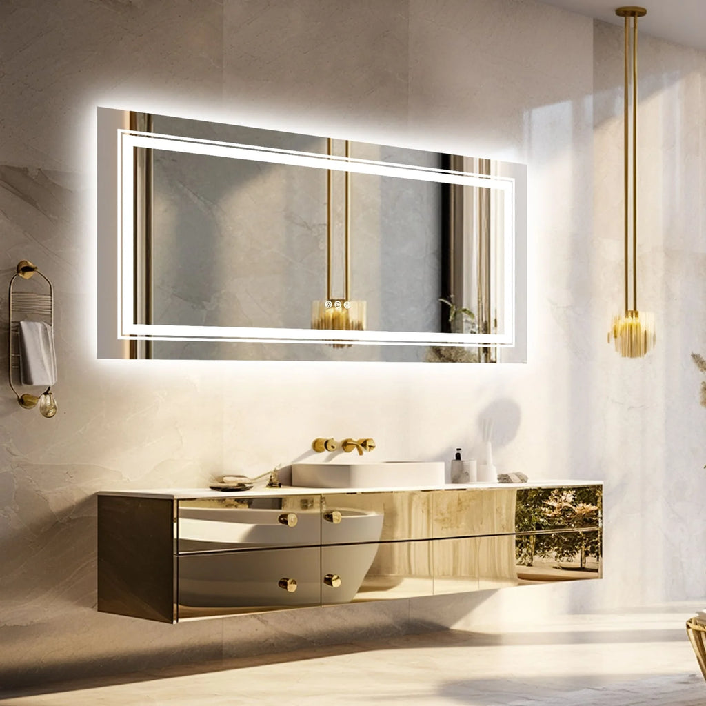 Extra Large LED Lighted Bathroom Mirror, Anti-Fog Wall Mounted Vanity Mirror with 3 Colors