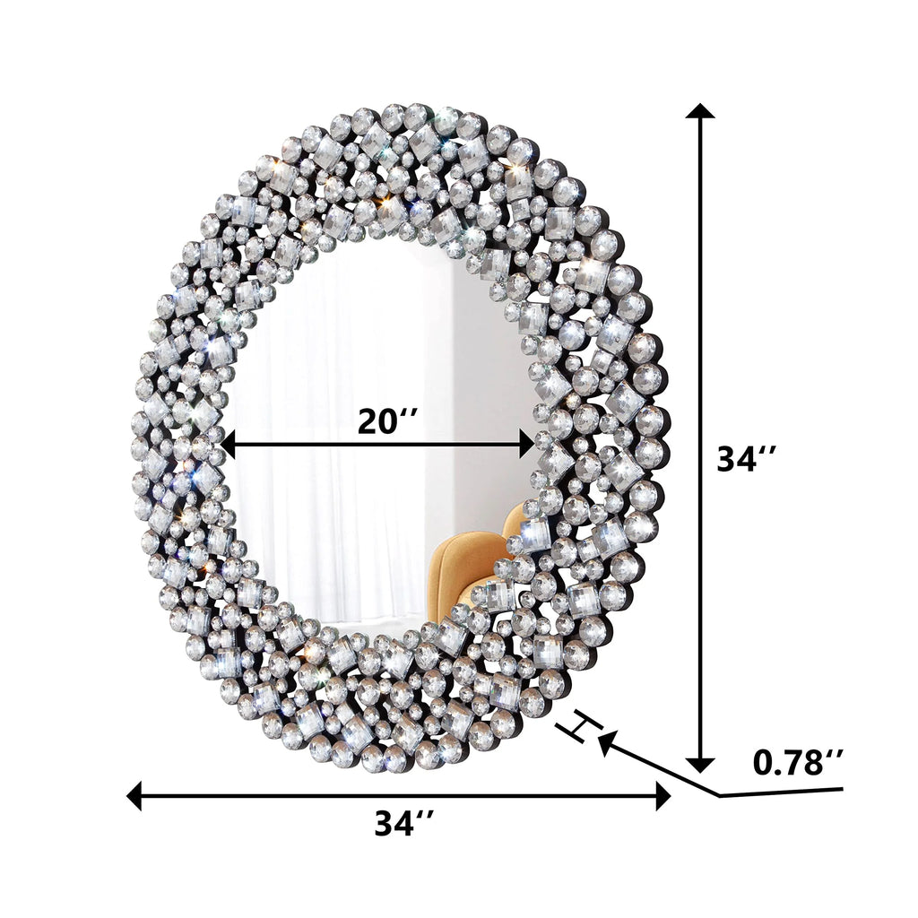 Modern Round Wall Mirror, Crystal Accent Decorative Mirror for Living Room, Bedroom and Entryway