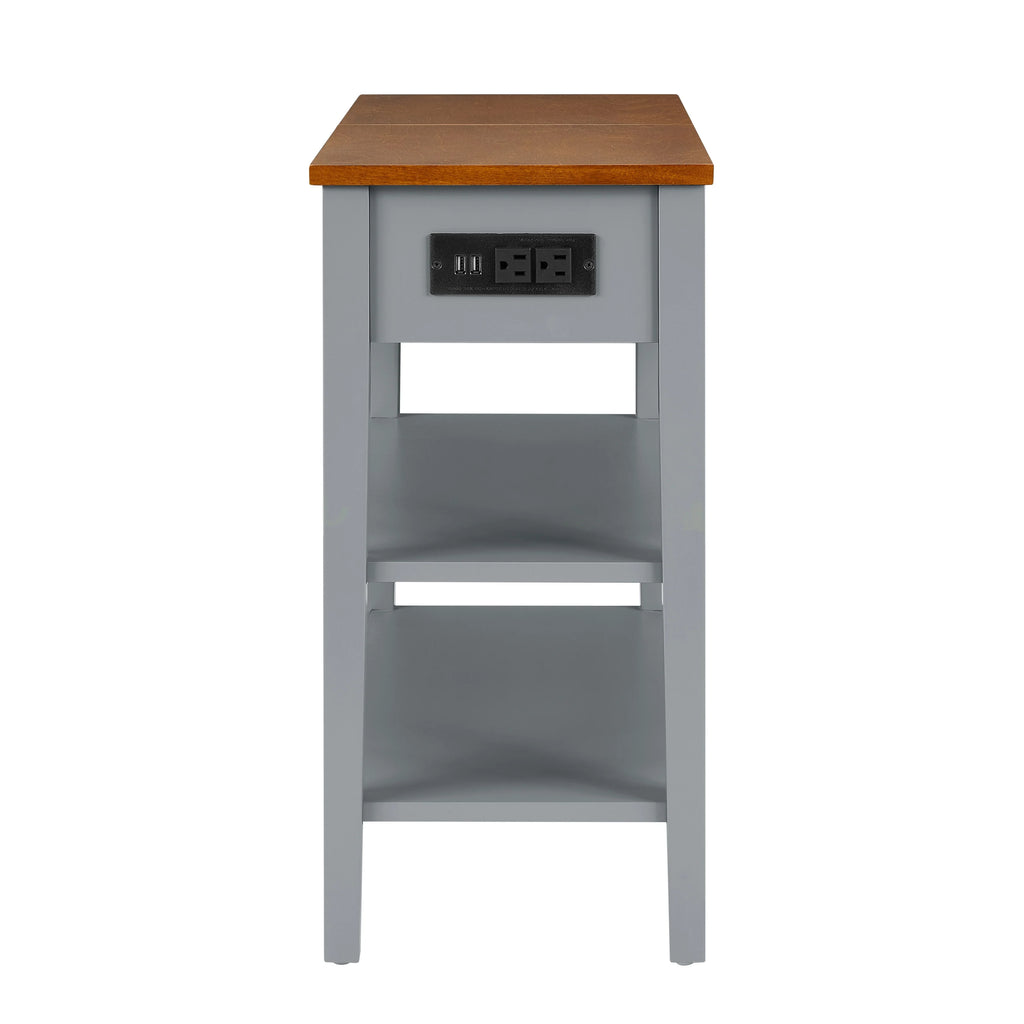 Narrow 2-Tone End Table with USB Charging Ports, Small Space Side Table