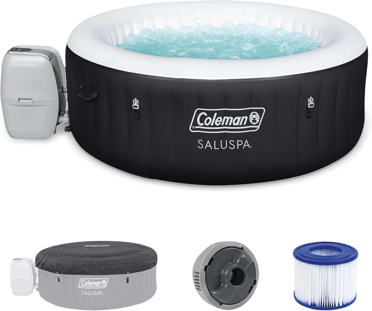 2-4 Person Inflatable Hot Tub, Portable Round Outdoor Spa with 120 Soothing Air Jets and Insulated Cover, Black