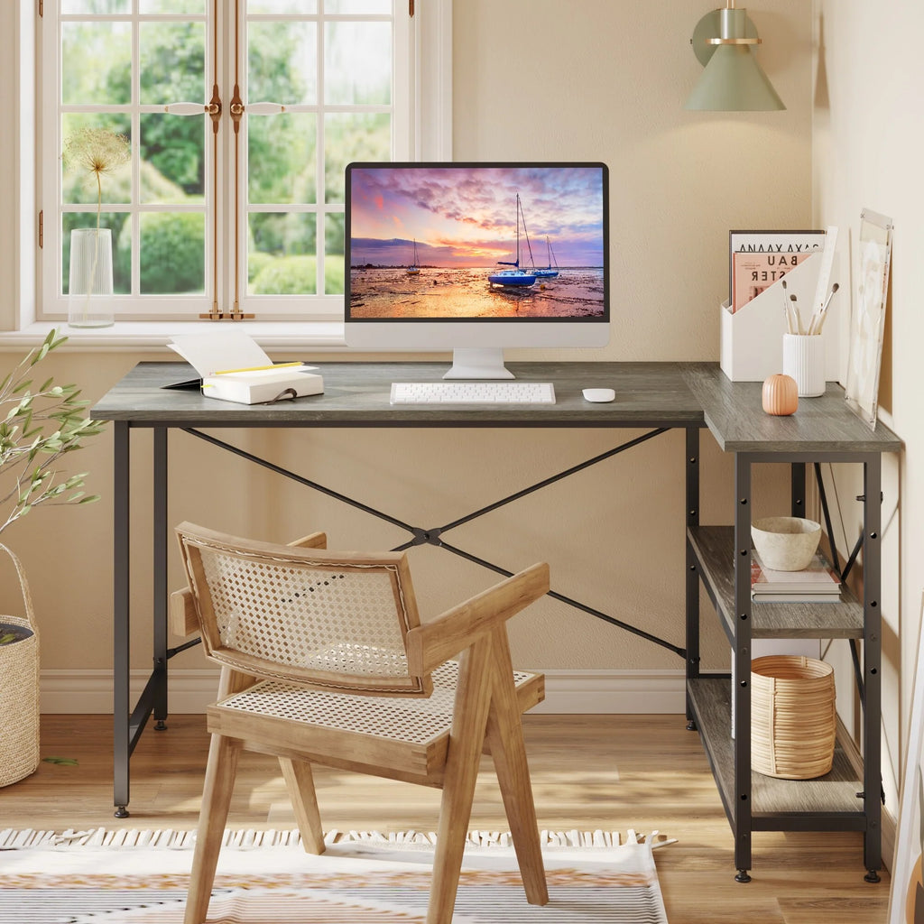 Small L Shaped Computer Desk with Storage Shelves, Compact Corner Workstation for Home Office and Study