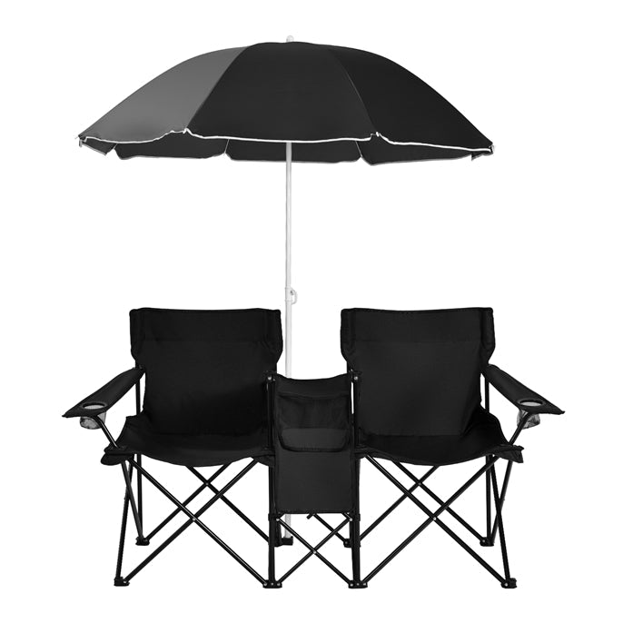 Double Folding Picnic Chairs with Umbrella – Mini Table & Beverage Holder Included