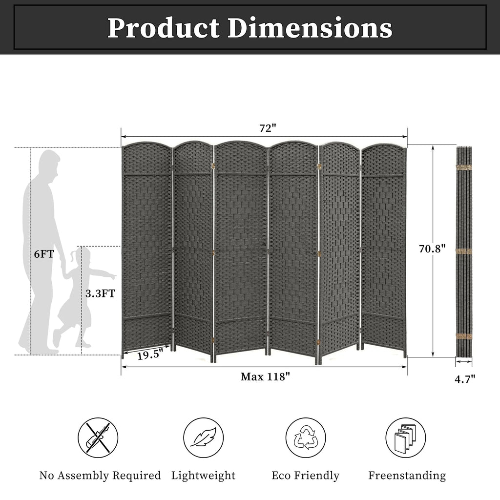 6 FT Tall Woven Fiber Room Divider, Freestanding Folding Privacy Screen