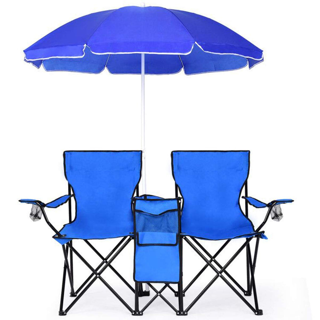 Double Folding Picnic Chairs with Umbrella – Mini Table & Beverage Holder Included