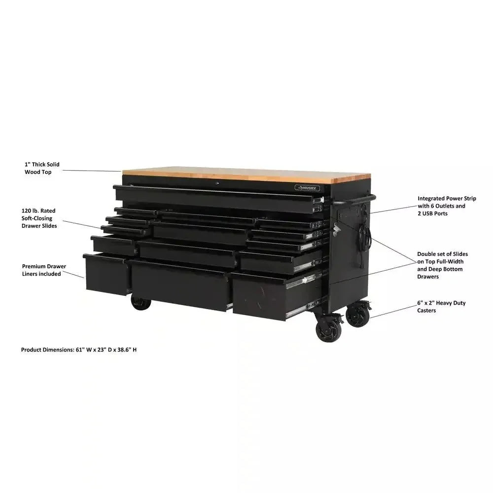 61-Inch W x 23-Inch D 15-Drawer Mobile Workbench with Solid Wood Top