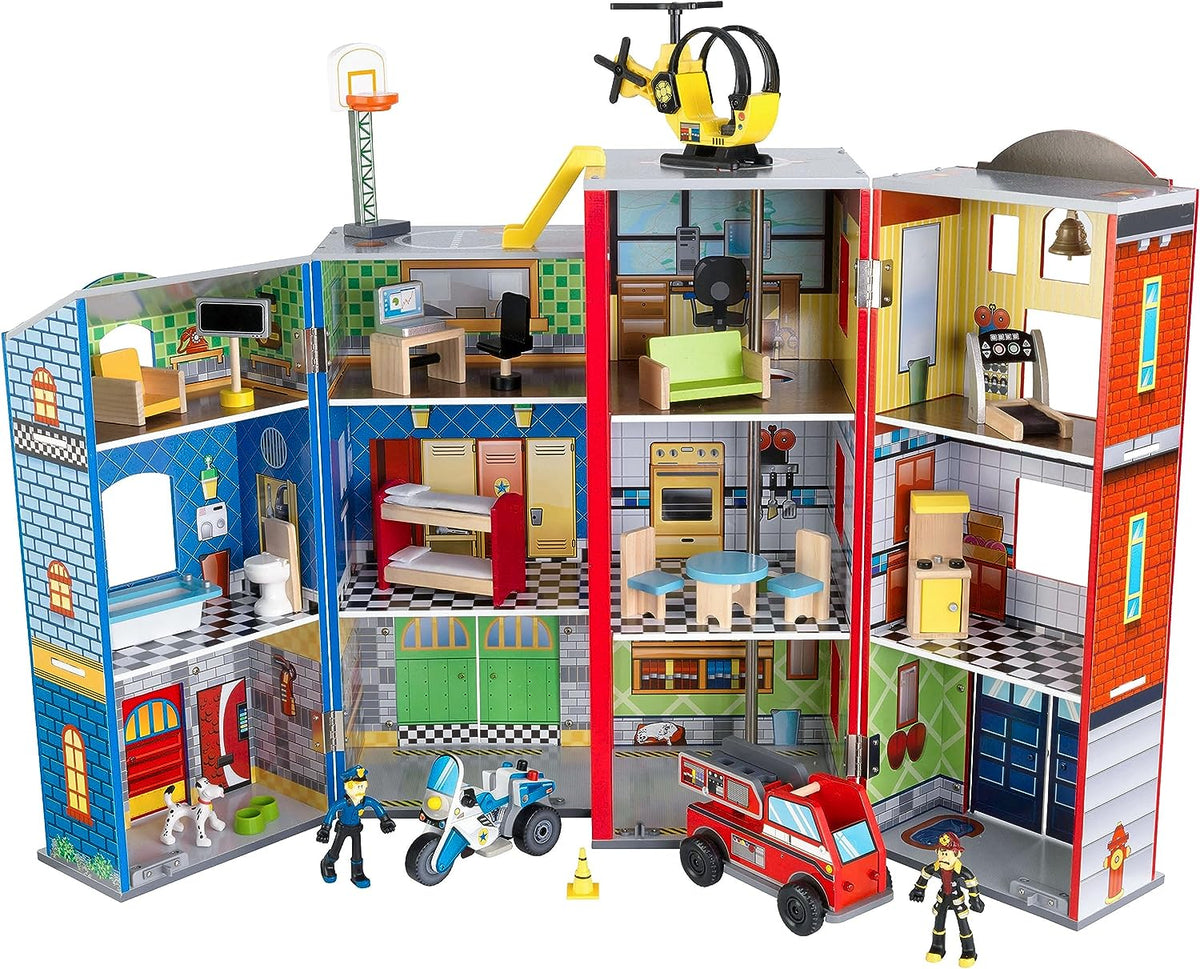 Wooden Kids Play Set, 3-Level Playset with 26 Accessories, Foldable Design for Easy Storage, Indoor Activity Toy