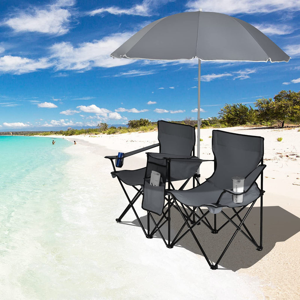 Double Folding Picnic Chairs with Umbrella – Mini Table & Beverage Holder Included